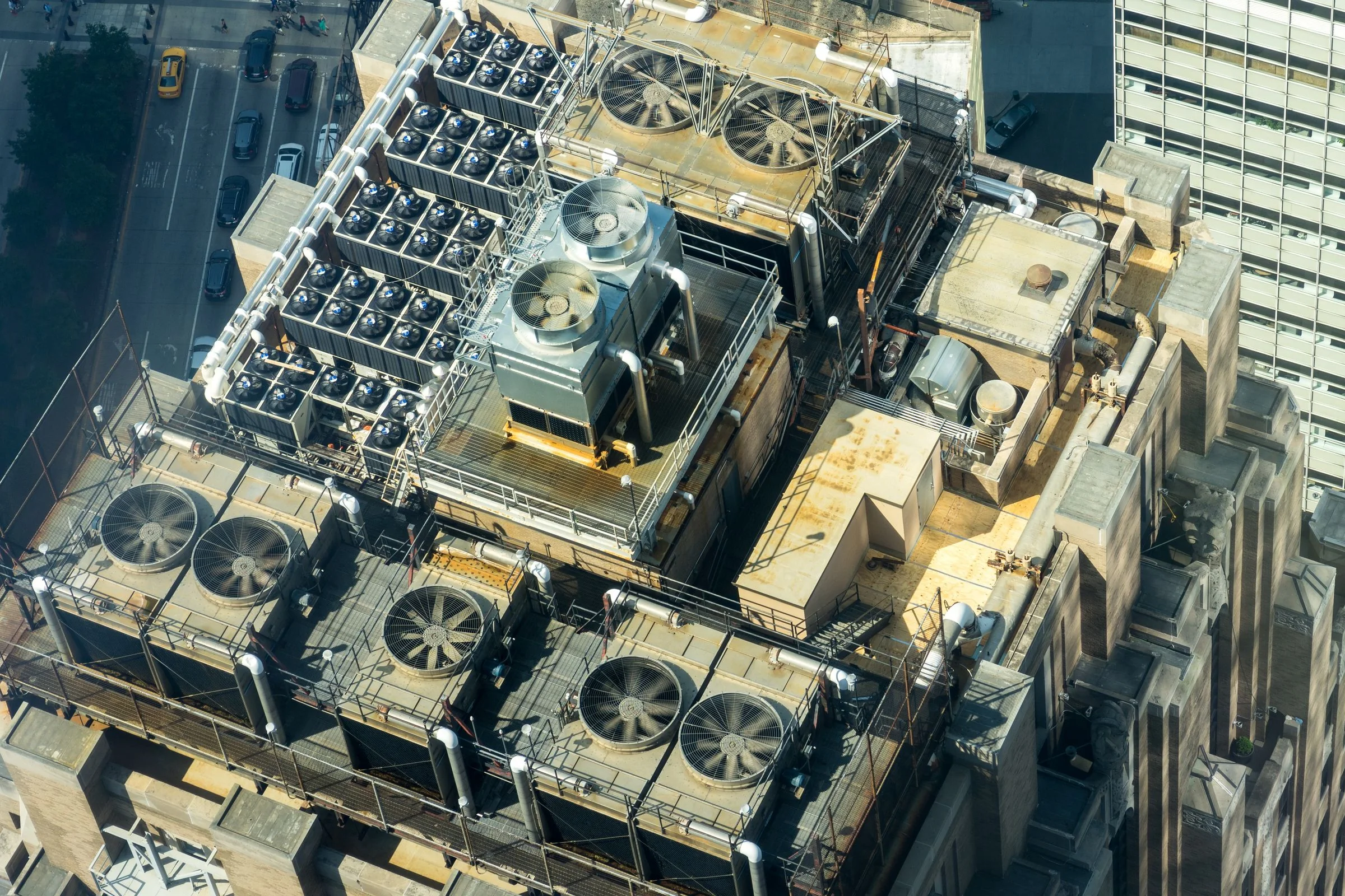 Cooling and ventilation equipment on a commercial building rooftop